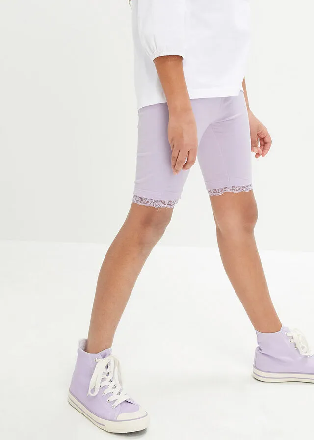 Pantalón ciclista para niñas con encaje (2 unidades) con algodón orgánico Blanco-lila pastel